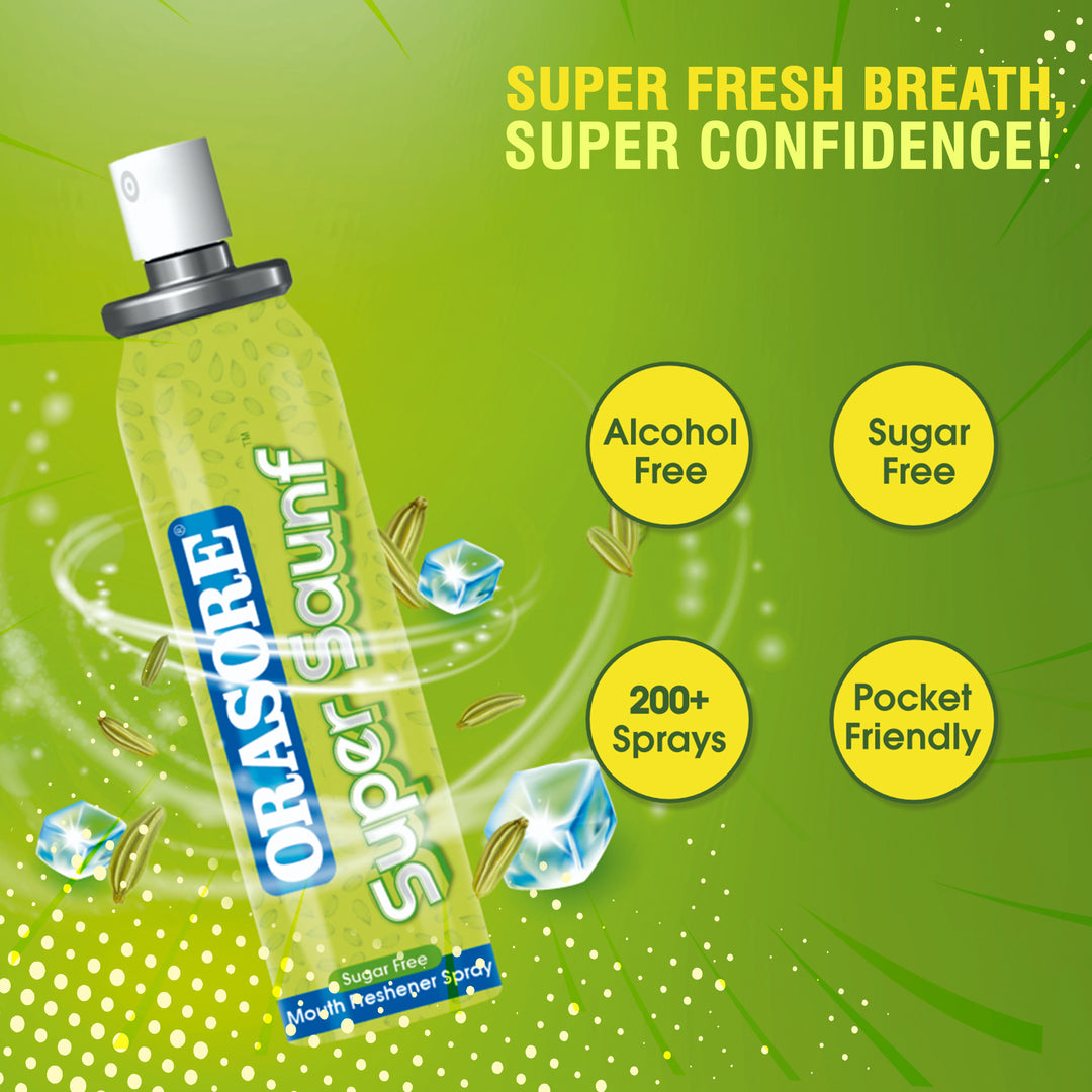Orasore Super Saunf Sugar Free Mouth Freshener Spray 15g | Instant Bad Breath Solution with Long-Lasting Freshness | 200+ Sprays | Alcohol-Free, Pocket Friendly & Refreshing Sounf Flavour (Pack of 2)