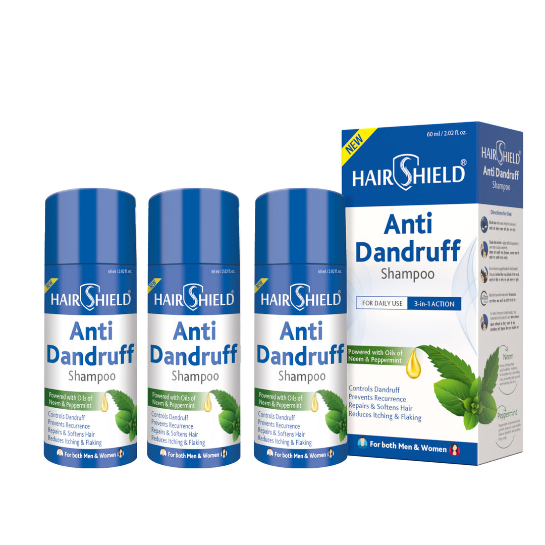 Hairshield Anti Dandruff Shampoo 60ml with Free 10ml Anti Dandruff Cream | Climbazole, ZPTO, Neem & Peppermint Formula | Prevents Recurrence, Hydrates & Conditions Hair | Powerful Duo for Men & Women (Pack of 3)