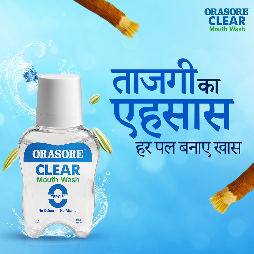 Orasore Clear Mouthwash 100ml Kills Bad Breath & Stops Tooth Decay | 100% Ayurvedic with 12 Ingredients including Miswak, Clove Oil, Tulsi | No Colors | No Alcohol | Suitable for Men, Women, Children (Pack of 2)
