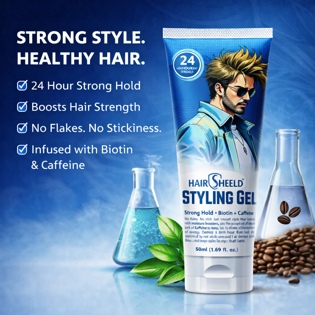 Hairshield Strong Hold Styling Gel for Men | 24Hr Control | Biotin & Caffeine Infused | No Flakes, Non-Sticky, Natural Shine | 50ml
