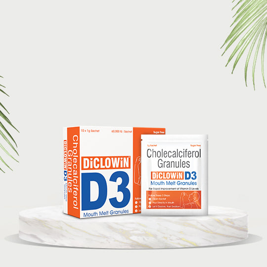 Diclowin D3 Mouth Melt Granules | 10 Sachets (1g Each) | 60,000 IU Vitamin D3 | Sugar-Free | Fast Melt Granules for Bones, Muscles Strength & Immunity