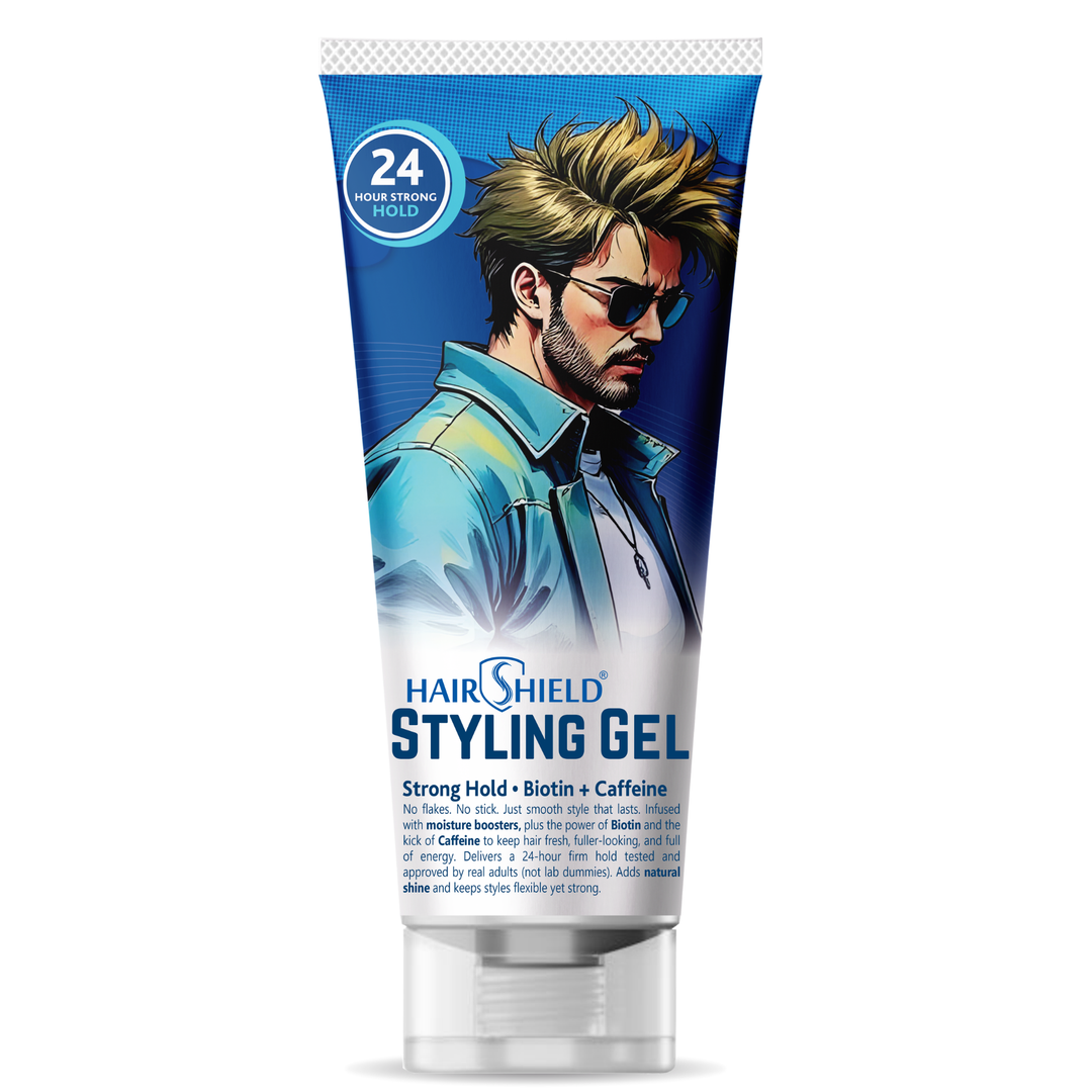 Hairshield Strong Hold Styling Gel for Men | 24Hr Control | Biotin & Caffeine Infused | No Flakes, Non-Sticky, Natural Shine | 50ml