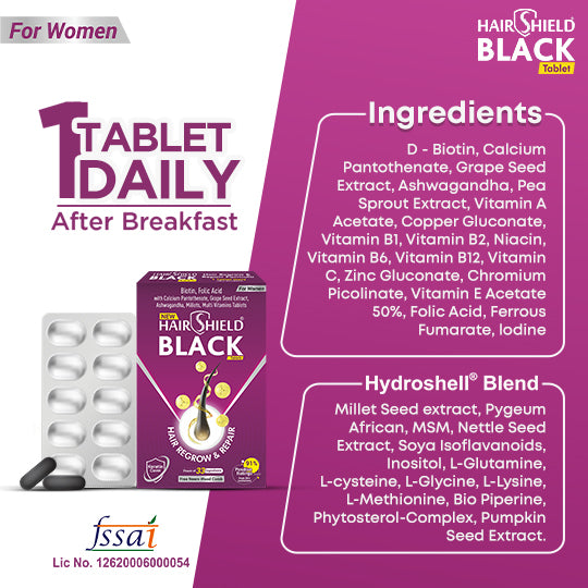 Hairshield Black Tablets for Women | 30 Days Pack | Powered with 33 Ingredients including Biotin, Ashwagandha, Millets, Grape Seed Extract | Hair Regrow & Repair Formula with Keratin Cover | Free Neem Comb