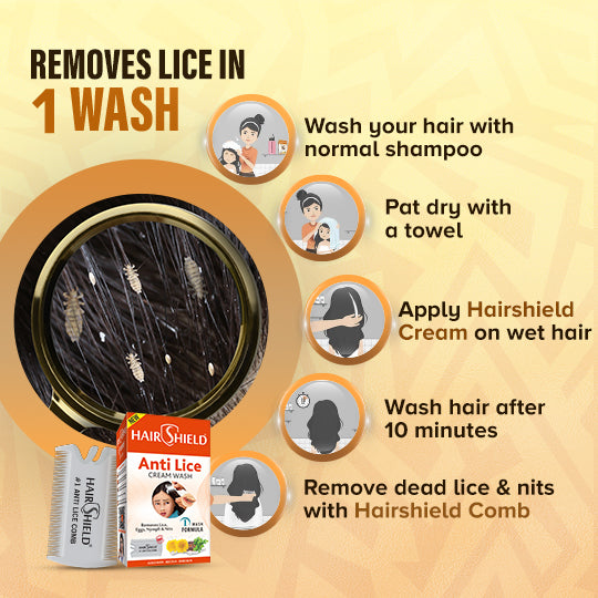 Hairshield Anti Lice Cream Wash (Pack of 6) Each Pack with New Big Lice Specialist Comb | Made with Guldaudi, Reetha & Shikakai
