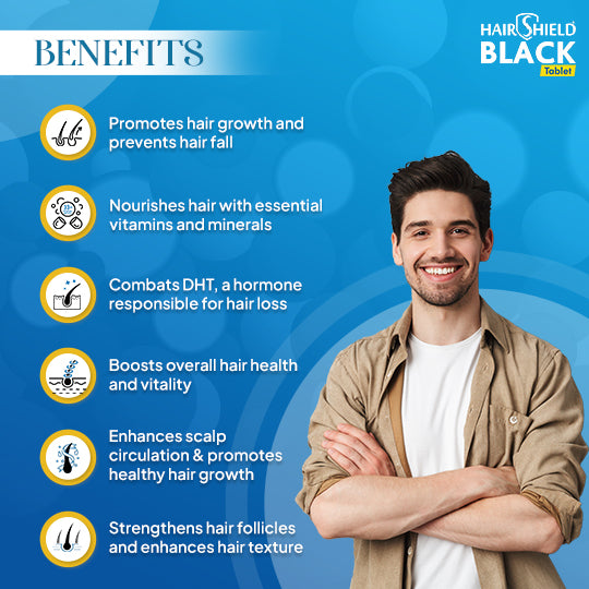 Hairshield Black Tablets for Men | 30 Days Pack | Powered with 33 Ingredients including Biotin, Ashwagandha, Millets | Hair Regrow & Repair Formula with DHT Blockers | Free Neem Comb