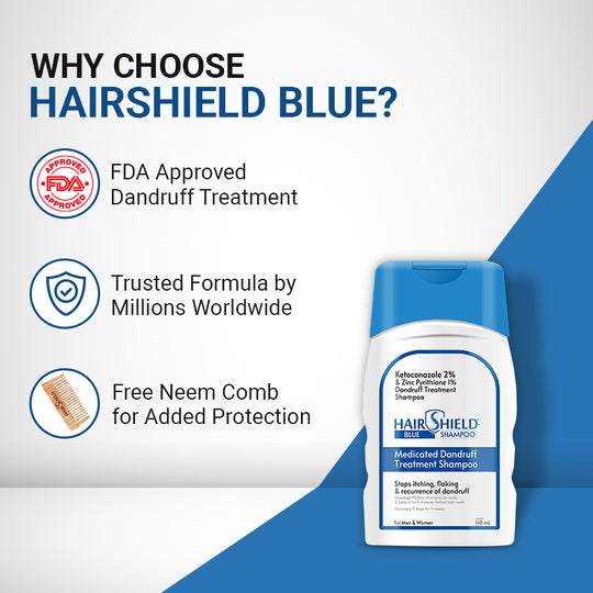 Hairshield Blue Medicated Dandruff Treatment Shampoo (110 ML) with Free Neem Comb Powerful Anti Dandruff Formula with Ketoconazole & ZPTO | High Quality Neem Comb for Hair Protection