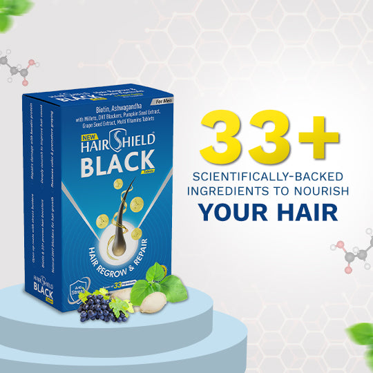 Hairshield Black Tablets for Men | 30 Days Pack | Powered with 33 Ingredients including Biotin, Ashwagandha, Millets | Hair Regrow & Repair Formula with DHT Blockers | Free Neem Comb