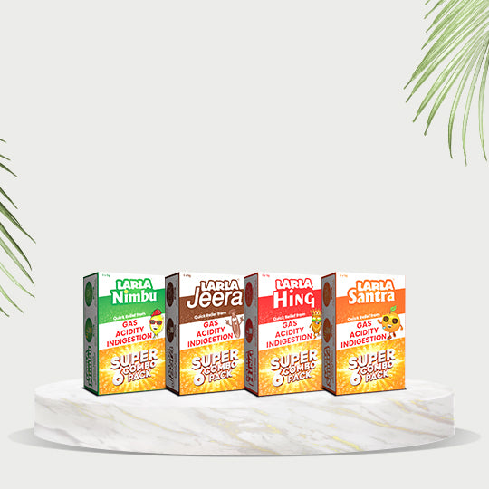 Larla Super 6 Combo Pack | Natural Digestive Powder | Quick Relief from Gas, Acidity & Indigestion | Jeera, Santra, Nimbu & Hing Each Flavour 6 x 5g Sachets | Tasty & Effective | (Pack of 4)