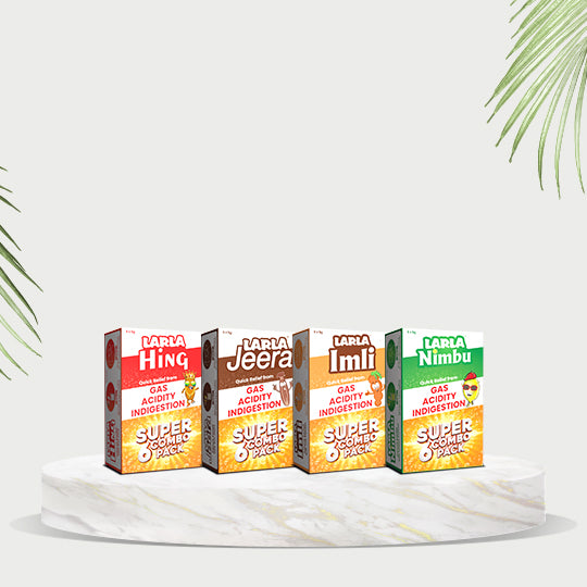 Larla Super 6 Combo Pack | Natural Digestive Powder | Quick Relief from Gas, Acidity & Indigestion | Jeera, Nimbu, Hing & Imli Each Flavour 6 x 5g Sachets | Tasty & Effective | (Pack of 4)