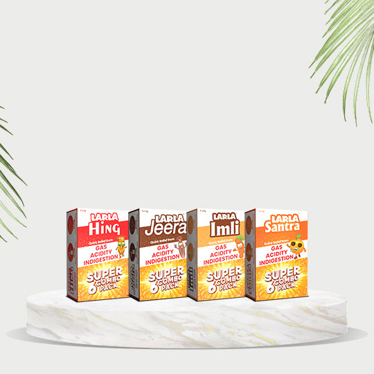 Larla Super 6 Combo Pack | Natural Digestive Powder | Quick Relief from Gas, Acidity & Indigestion | Jeera, Santra, Hing & Imli Each Flavour 6 x 5g Sachets | Tasty & Effective | (Pack of 4)