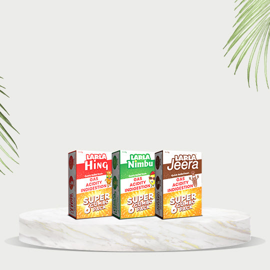 Larla Super 6 Combo Pack | Natural Digestive Powder | Quick Relief from Gas, Acidity & Indigestion | Jeera, Nimbu & Hing Each Flavour 6 x 5g Sachets | Tasty & Effective | (Pack of 3)