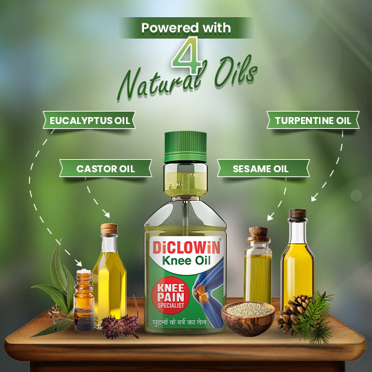 DiCLOWiN Knee Oil (150ml) | 25% Extra | Provides Joint, Knee, Ortho Pain & Arthritis Relief with Deep Penetrating Action for Lasting Comfort & Mobility | Blend of Science & Ayurveda | Unique Bottle, Non-Greasy Oil, Effective, Rich Aroma