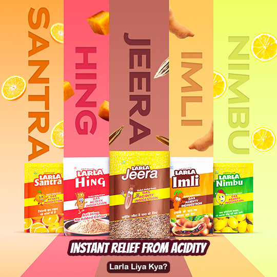 Larla Super 6 Combo Pack | Natural Digestive Powder | Quick Relief from Gas, Acidity & Indigestion | Nimbu, Santra, Hing, Imli & Jeera Each Flavour 6 x 5g Sachets | Tasty & Effective | (Pack of 5)