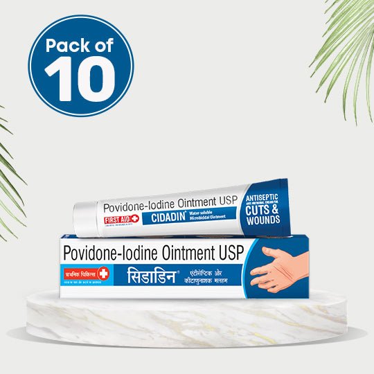 Cidadin 10g | Antiseptic, Anti Microbial Medicated Cream for Cuts, Scratches, Burns & Wounds | Clinically Proven & Worldwide Accepted Povidone-Iodine Formula | Essential First Aid Ointment(Pack of 10)