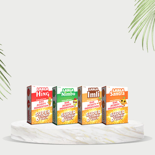 Larla Super 6 Combo Pack | Natural Digestive Powder | Quick Relief from Gas, Acidity & Indigestion | Santra, Nimbu, Imli & Hing Each Flavour 6 x 5g Sachets | Tasty & Effective | (Pack of 4)