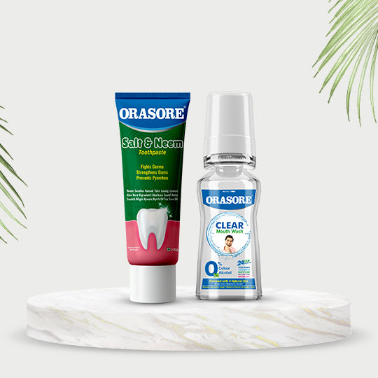 Orasore Salt & Neem Duo | Gum Strengthening Toothpaste 100g & Clear Mouthwash 100ml | Fights Pyorrhea, Whitens Teeth & Stops Dental Pain | Zero Color & Zero Alcohol Mouthwash | Free Bamboo Toothbrush