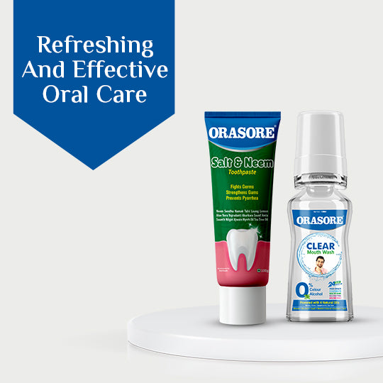 Orasore Salt & Neem Duo | Gum Strengthening Toothpaste 100g & Clear Mouthwash 100ml | Fights Pyorrhea, Whitens Teeth & Stops Dental Pain | Zero Color & Zero Alcohol Mouthwash | Free Bamboo Toothbrush