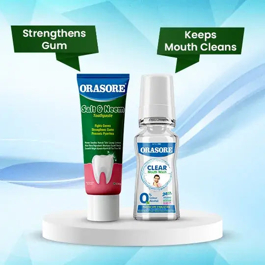 Orasore Salt & Neem Duo | Gum Strengthening Toothpaste 100g & Clear Mouthwash 100ml | Fights Pyorrhea, Whitens Teeth & Stops Dental Pain | Zero Color & Zero Alcohol Mouthwash | Free Bamboo Toothbrush