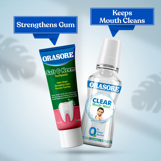 Orasore Salt & Neem Duo | Gum Strengthening Toothpaste 100g & Clear Mouthwash 250ml | Fights Pyorrhea, Whitens Teeth & Stops Dental Pain | Zero Color & Zero Alcohol Mouthwash | Free Bamboo Toothbrush