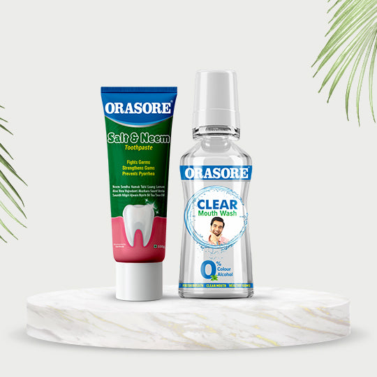 Orasore Salt & Neem Duo | Gum Strengthening Toothpaste 100g & Clear Mouthwash 250ml | Fights Pyorrhea, Whitens Teeth & Stops Dental Pain | Zero Color & Zero Alcohol Mouthwash | Free Bamboo Toothbrush