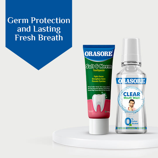 Orasore Salt & Neem Duo | Gum Strengthening Toothpaste 100g & Clear Mouthwash 250ml | Fights Pyorrhea, Whitens Teeth & Stops Dental Pain | Zero Color & Zero Alcohol Mouthwash | Free Bamboo Toothbrush