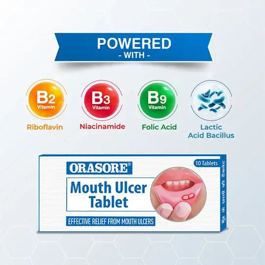 Orasore Mouth Ulcer Tablet (Pack of 4) |Contains Vitamin B2, B3, B9 and Probiotics | Provides All Round Essential Supplements to Body for Oral Ulcer Control | Free Pen Inside Every Pack