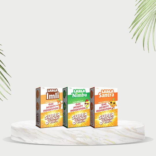 Larla Super 6 Combo Pack | Natural Digestive Powder | Quick Relief from Gas, Acidity & Indigestion | Santra, Nimbu & Imli Each Flavour 6 x 5g Sachets | Tasty & Effective | (Pack of 3)