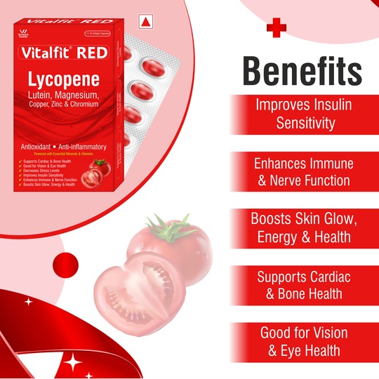 Vitalfit Red Lycopene Lutein Zinc Chromium Softgels | Anti Oxidant Supplement | Supports Cardiac, Bone, Vision & Skin Health | For Men and Women(Pack of 1)