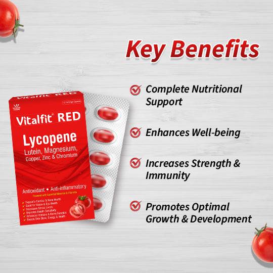 Vitalfit Red Lycopene Lutein Zinc Chromium Softgels | Anti Oxidant Supplement | Supports Cardiac, Bone, Vision & Skin Health | For Men and Women(Pack of 1)