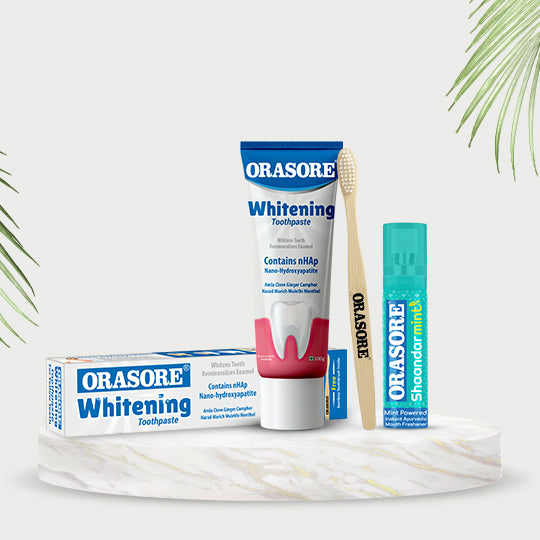 Orasore Whitening & Mint Spray Daily Duo | Whitening Toothpaste 100g & ShaandarMint Breath Freshener 15g | Nanohydroxapatite (nHAp) for Enamel Remineralizing