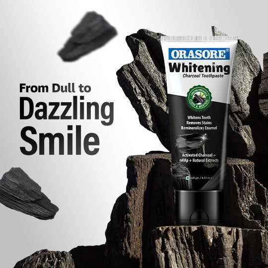 Orasore Whitening Charcoal Toothpaste 120gm | With Activated Charcoal & Nano Hydroxyapatite | Fights Stains, Removes Plaque & Strengthens Enamel | Sugar-Free | Free Organic Bamboo Toothbrush