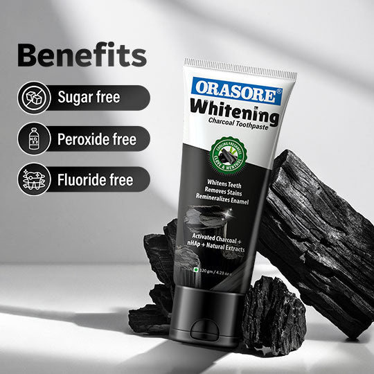 Orasore Whitening Charcoal Toothpaste 120gm | With Activated Charcoal & Nano Hydroxyapatite | Fights Stains, Removes Plaque & Strengthens Enamel | Sugar-Free | Free Organic Bamboo Toothbrush