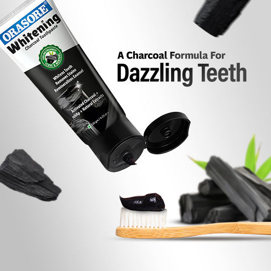 Orasore Whitening Charcoal Toothpaste 120gm | With Activated Charcoal & Nano Hydroxyapatite | Fights Stains, Removes Plaque & Strengthens Enamel | Sugar-Free | Free Organic Bamboo Toothbrush