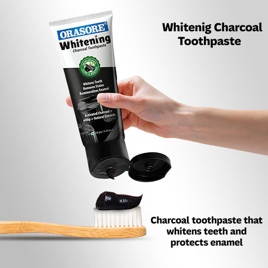 Orasore Whitening Charcoal Toothpaste 120gm | With Activated Charcoal & Nano Hydroxyapatite | Fights Stains, Removes Plaque & Strengthens Enamel | Sugar-Free | Free Organic Bamboo Toothbrush