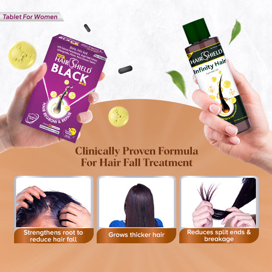 Hairshield Women Anti Hairfall Duo Pack | Infinity Hair Ayurvedic Oil 100ml & Daily Biotin Vegetarian Tablet | Promotes Hair Growth, Stops Hairfall, Reduces Breakage & Split Ends | Powered with 33 Ingredients including Biotin, Folic Acid| Free Neem Comb