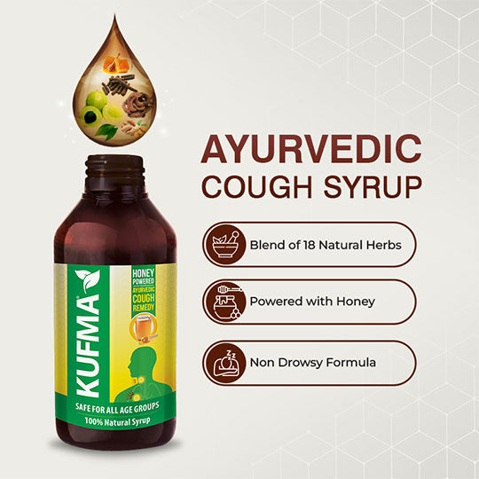 Kufma Natural (100% Natural) Cough Relief syrup  (Pack of 2)  Kufma Natural Ayurvedic Cough Syrup with Free Spoon | Made with 18 Natural Herbs including Natural Honey and Karkatashringi | Soothing Cough Relief | Safe for All Ages