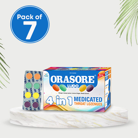 Orasore Ludo Medicated Throat Lozenges | Ayurvedic Relief for Sore Throat, Cough &amp; Irritation | 4 Amazing Flavors Orange, Honey Lemon, Lemon Ginger, &amp; Black Currant | Pack of 7 Strips