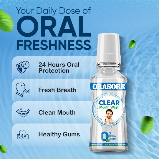 Orasore Clear Mouthwash 250ml Kills Bad Breath & Stops Tooth Decay | 100% Ayurvedic with 12 Ingredients including Miswak, Clove Oil, Tulsi | No Colors | No Alcohol | Suitable for Men, Women, Children