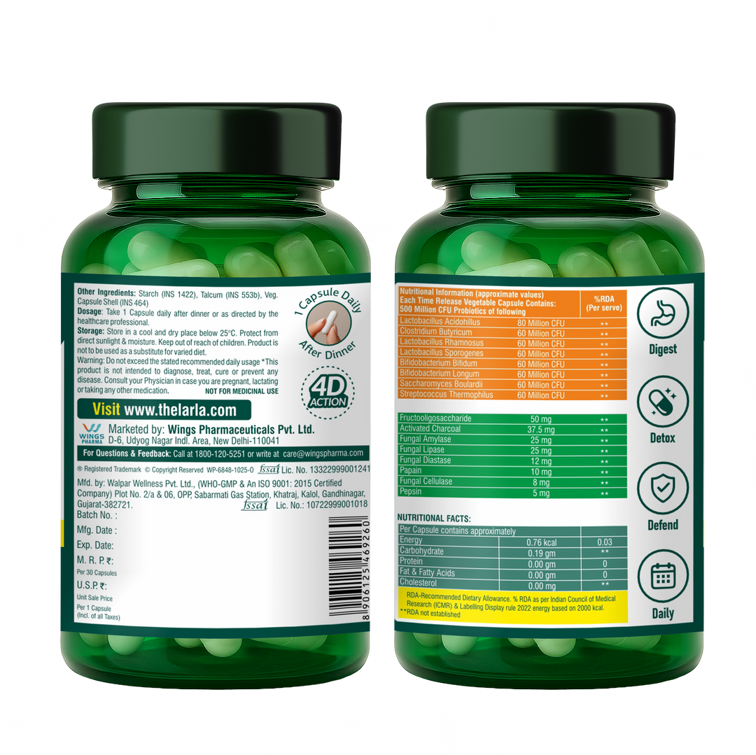 Larla Daily Digestive Capsules | Reduces Gas & Bloating | Pre + Probiotics with Enzymes & Activated Charcoal | Lactose Free Nutraceutical | Supports Digestion & Gut Health | 30 Veg Capsules