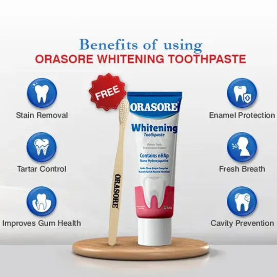 Orasore Whitening Toothpaste 100gm with nHAp & Free Bamboo Brush | Peroxide-Free | Enamel Remineralizer | Natural Extracts to Reduce Sensitivity, Fight Cavities & Remove Gum Diseases (Pack of 1)